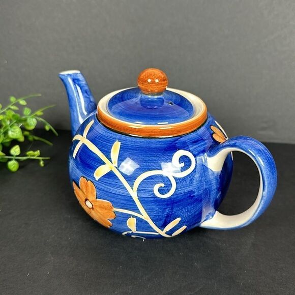 Herman Dodge & Son Ceramic Teapot Blue White Beige Floral Hand Painted - Picture 3 of 12